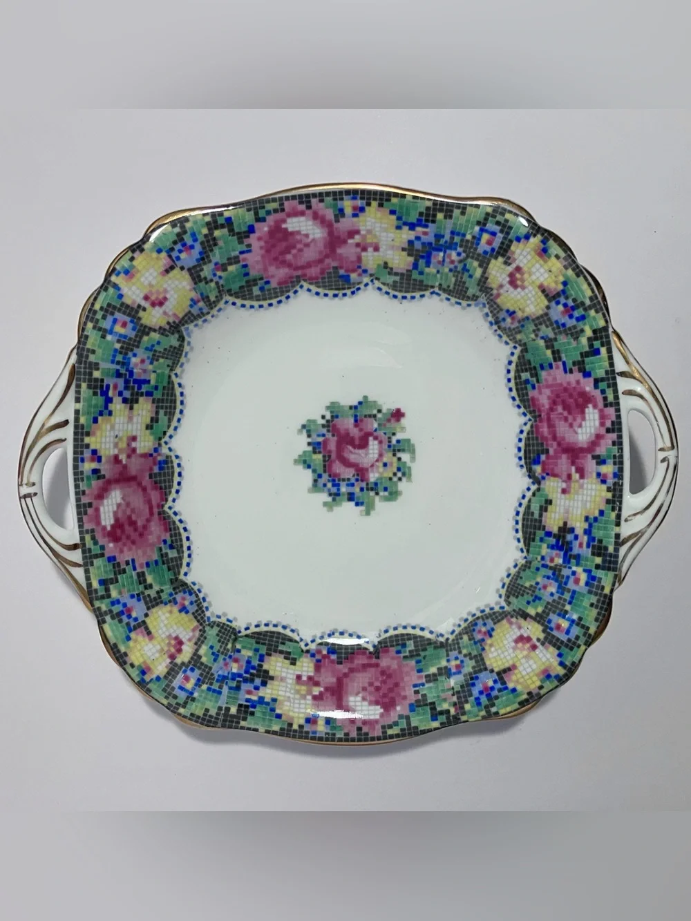 PARAGON Double Warrant GINGHAM ROSE Handled Tray / 1940s ENGLAND Bone China